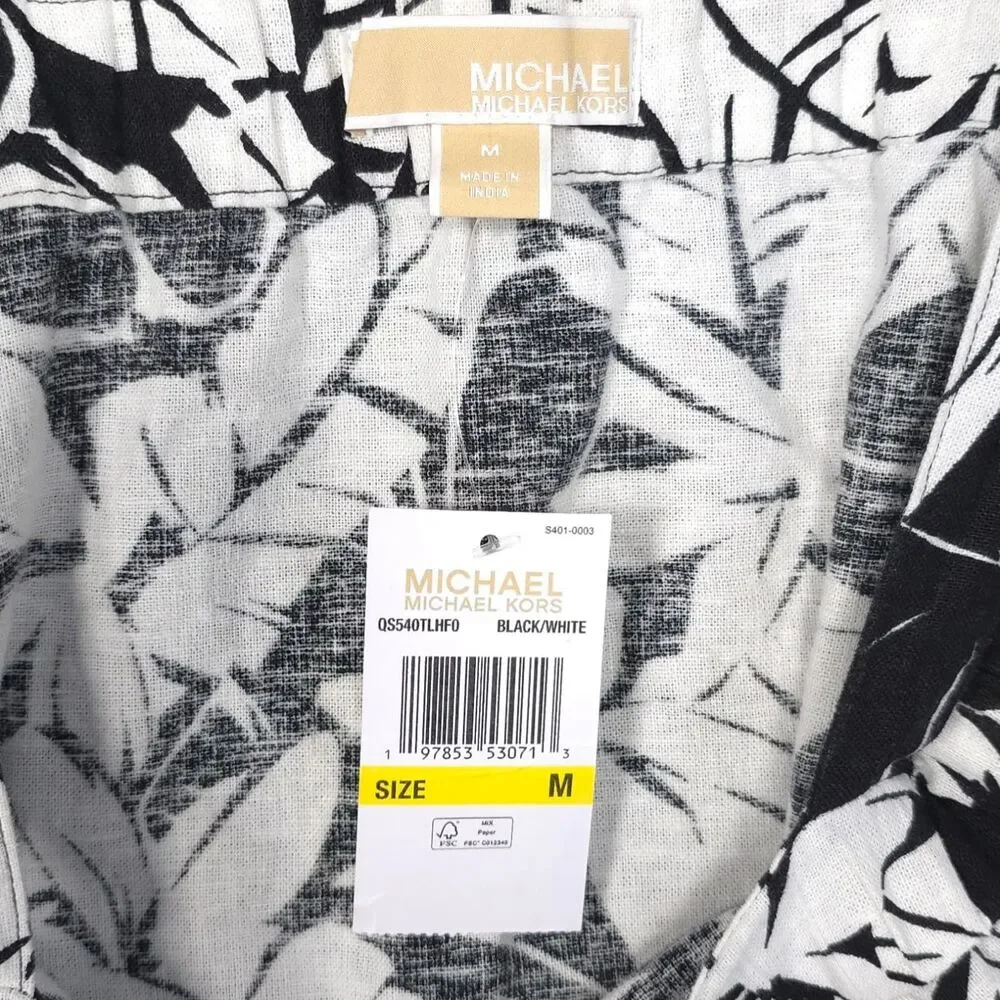 MICHAEL KORS Womens New Set Tank Top Shorts MEDIUM Black White Linen‎ QS540TLHF0